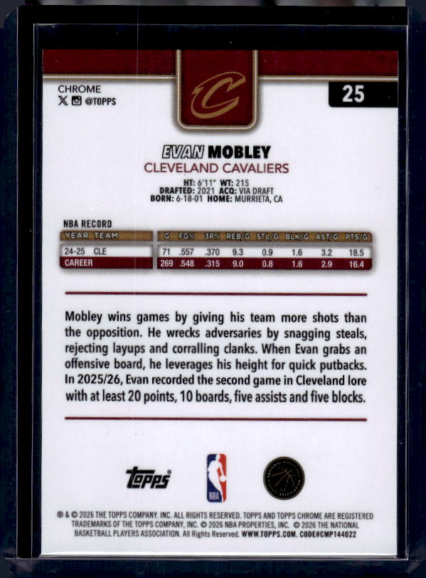 2025-26 Topps Chrome Update #25 Evan Mobley Refractor