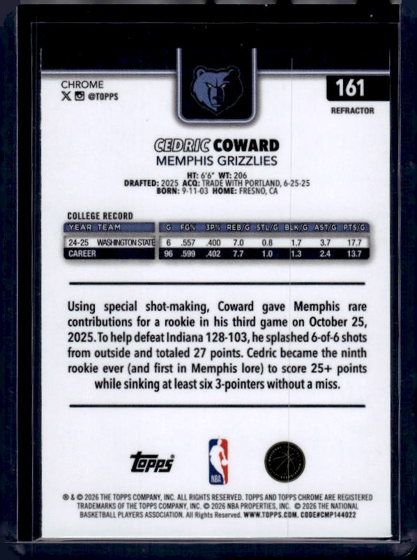 2025-26 Topps Chrome Update #161 Cedric Coward Refractor