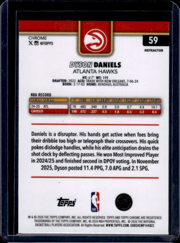 2025-26 Topps Chrome Update #59 Dyson Daniels Refractor