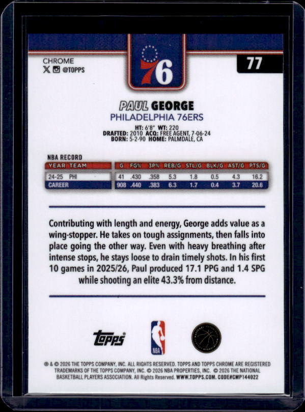 2025-26 Topps Chrome Update #77 Paul George RayWave