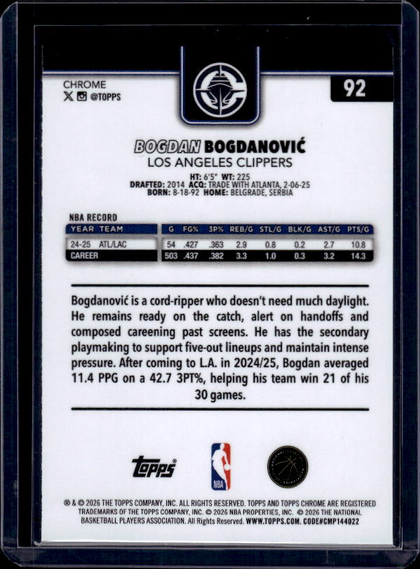 2025-26 Topps Chrome Update #92 Bogdan Bogdanović RayWave