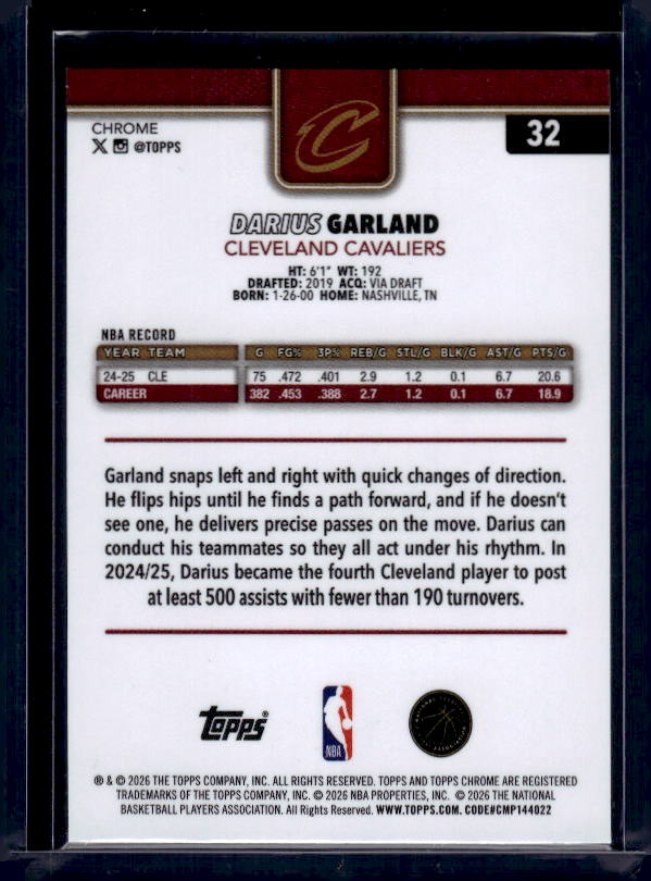 2025-26 Topps Chrome Update #32 Darius Garland Red, White, & Blue