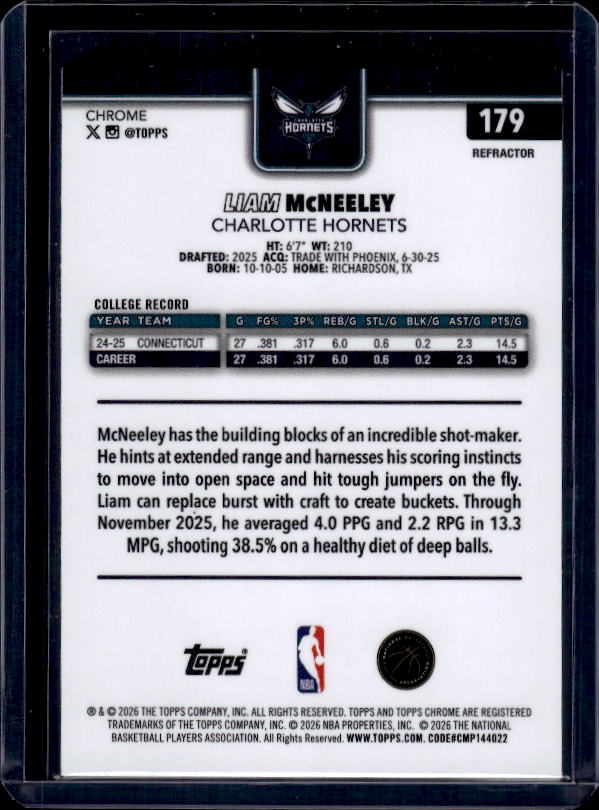 2025-26 Topps Chrome Update #179 Liam McNeeley Refractor