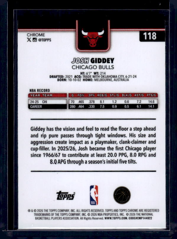 2025-26 Topps Chrome Update #118 Josh Giddey RayWave