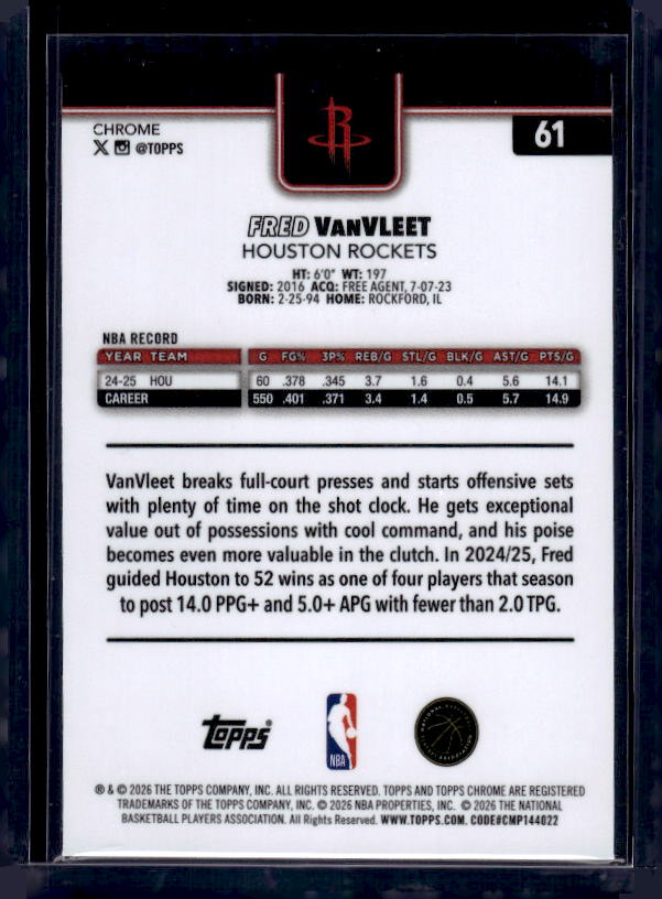2025-26 Topps Chrome Update #61 Fred VanVleet Red, White, & Blue