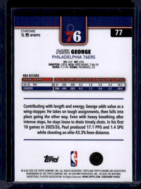 2025-26 Topps Chrome Update #77 Paul George Red, White, & Blue