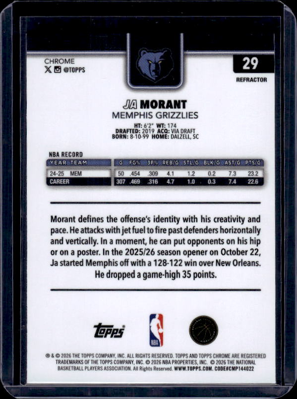 2025-26 Topps Chrome Update #29 Ja Morant Refractor