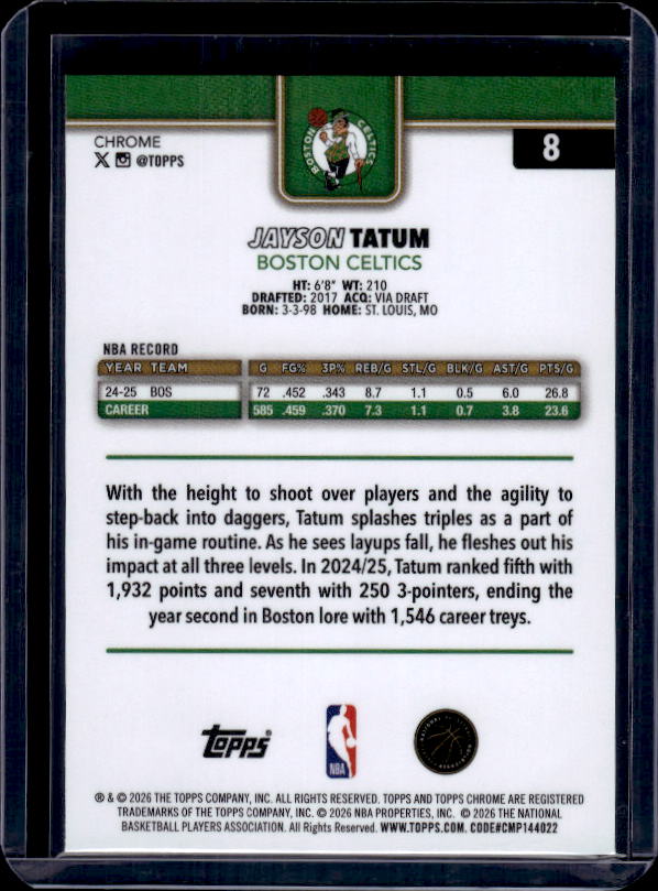 2025-26 Topps Chrome Update #8 Jayson Tatum Refractor