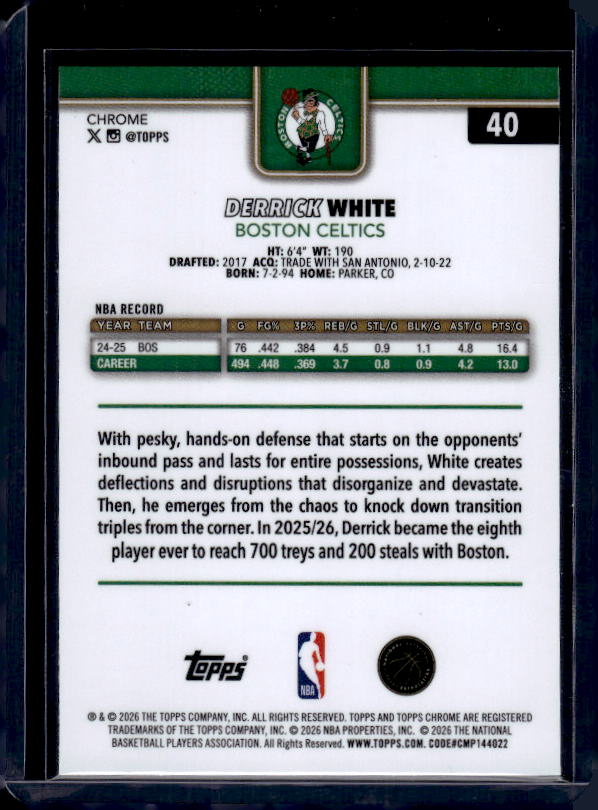 2025-26 Topps Chrome Update #40 Derrick White Red, White, & Blue