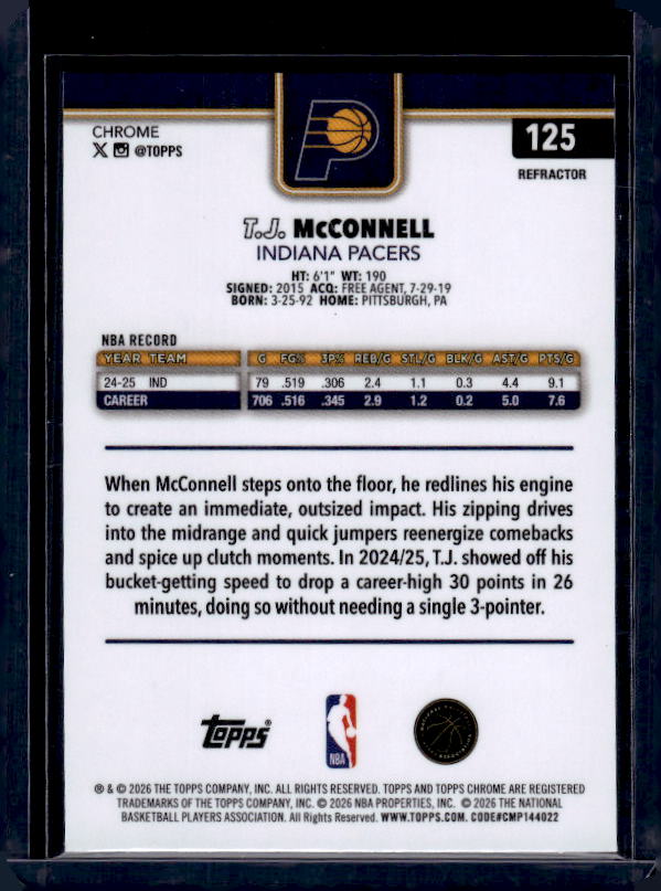 2025-26 Topps Chrome Update #125 T.J. McConnell Refractor