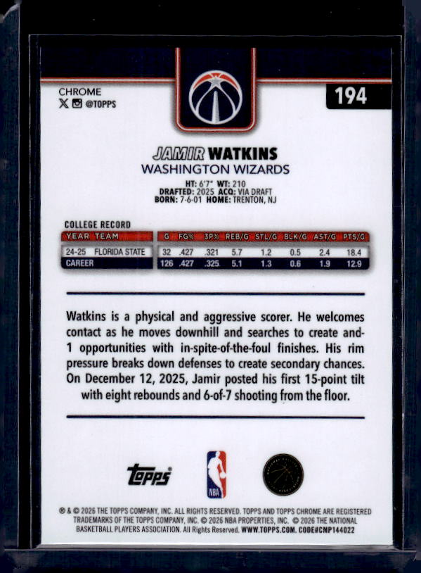 2025-26 Topps Chrome Update #194 Jamir Watkins Red, White, & Blue
