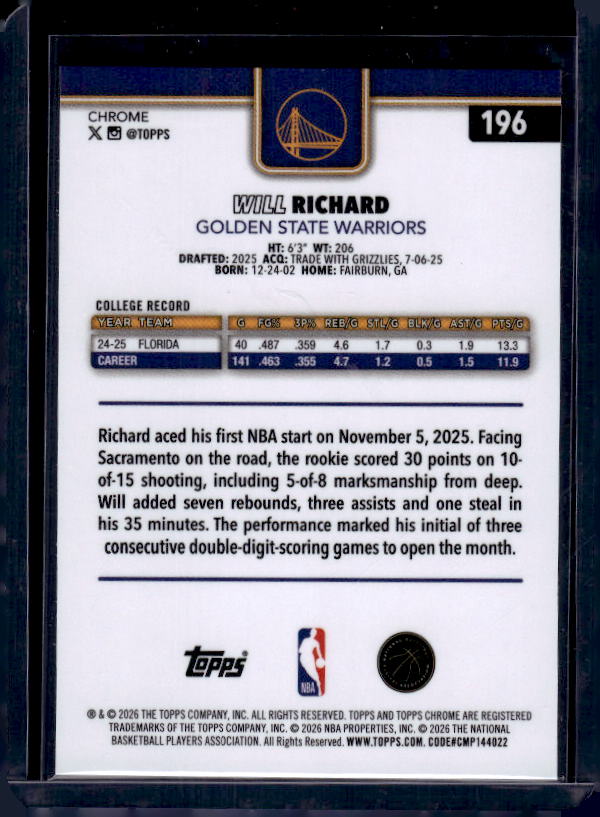 2025-26 Topps Chrome Update #196 Will Richard X-Fractor