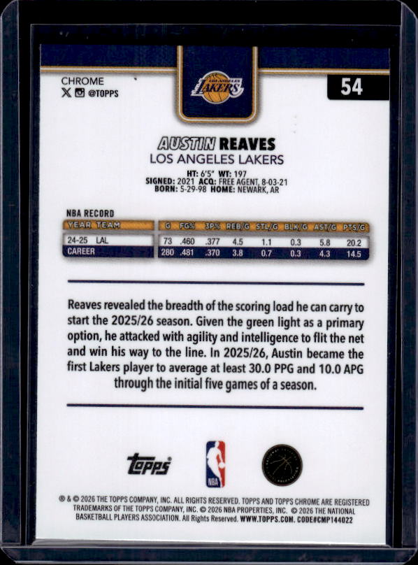 2025-26 Topps Chrome Update #54 Austin Reaves RayWave