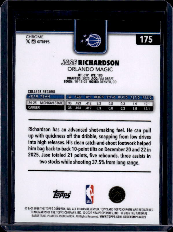 2025-26 Topps Chrome Update #175 Jase Richardson Ray Wave