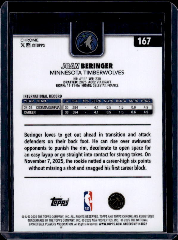 2025-26 Topps Chrome Update #167 Joan Beringer Refractor