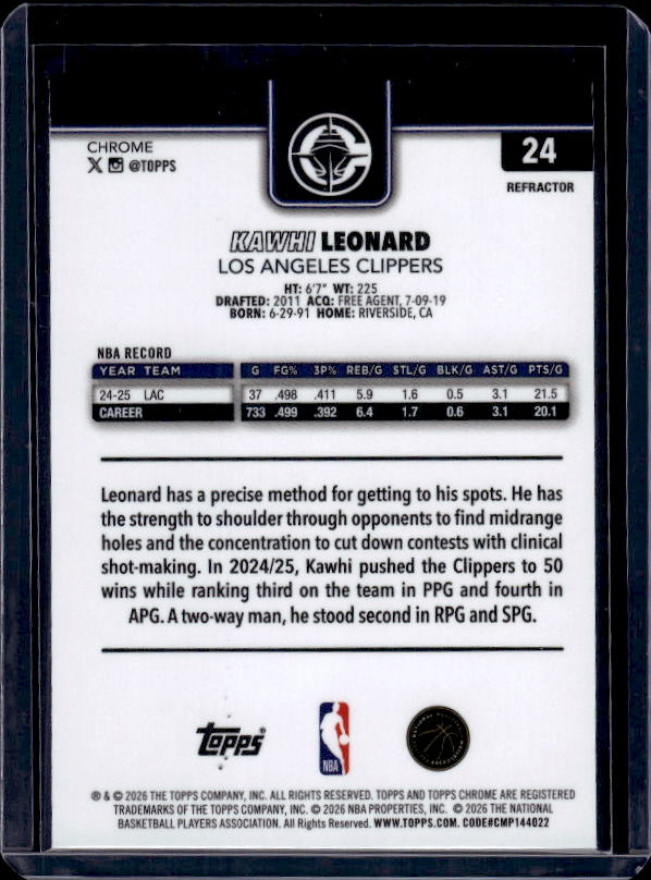 2025-26 Topps Chrome Update #24 Kawhi Leonard
