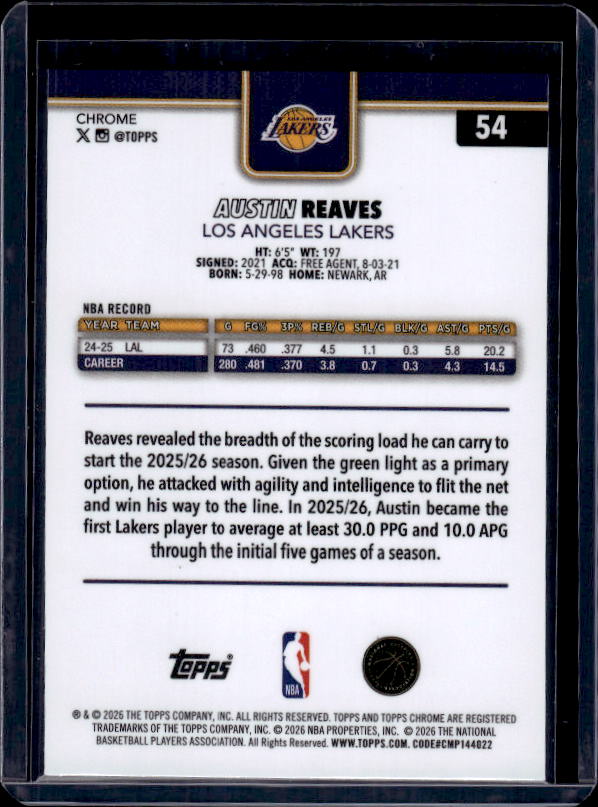 2025-26 Topps Chrome Update #54 Austin Reaves Red, White, & Blue