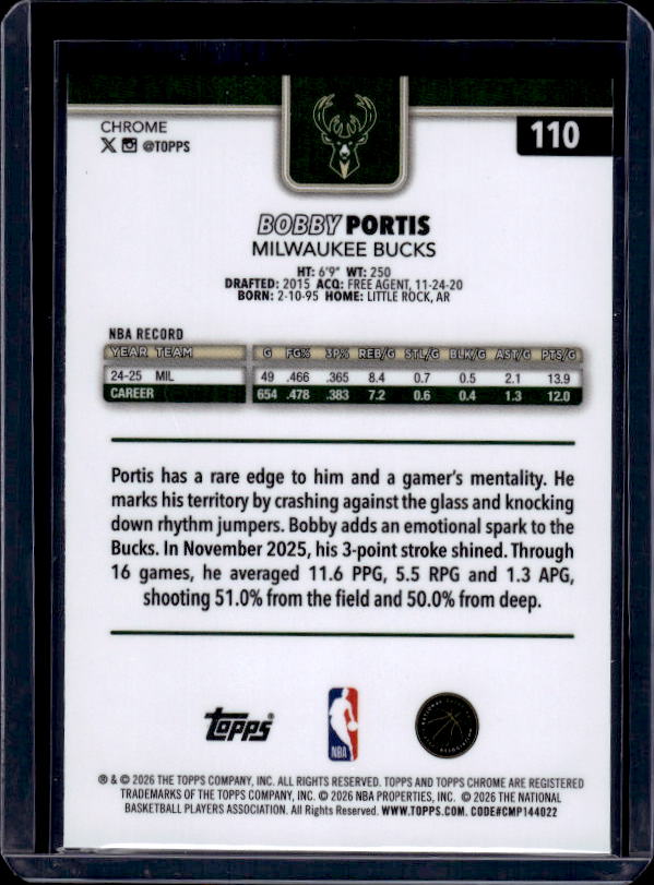 2025-26 Topps Chrome Update #110 Bobby Portis Red, White, & Blue