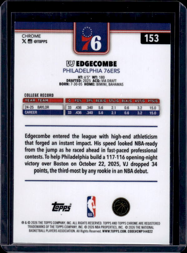 2025-26 Topps Chrome Update #153 VJ Edgecombe