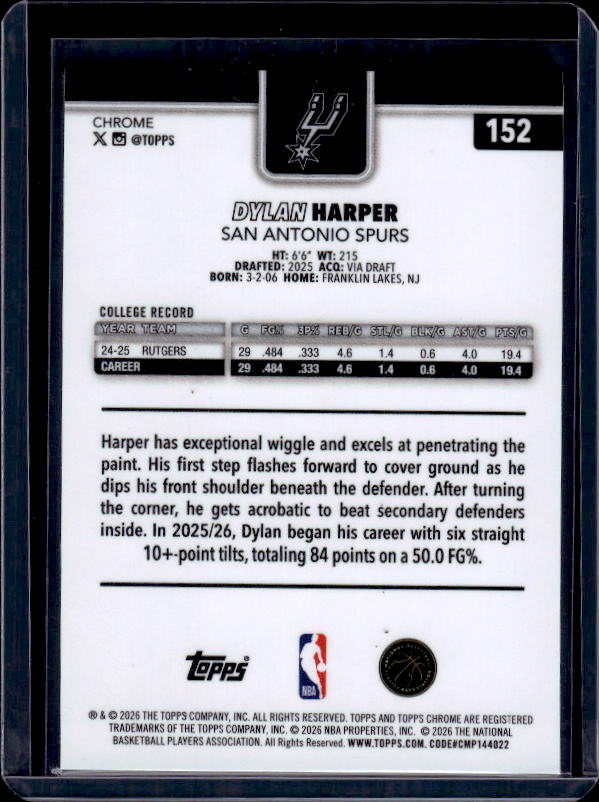 2025-26 Topps Chrome Update #152 Dylan Harper