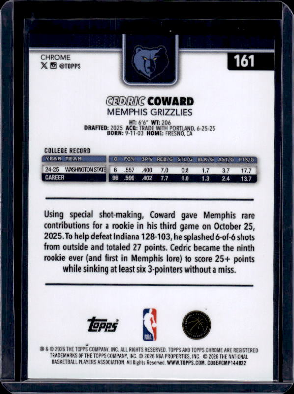 2025-26 Topps Chrome Update #161 Cedric Coward