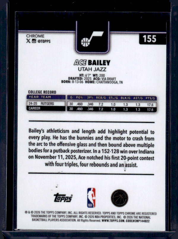2025-26 Topps Chrome Update #155 Ace Bailey