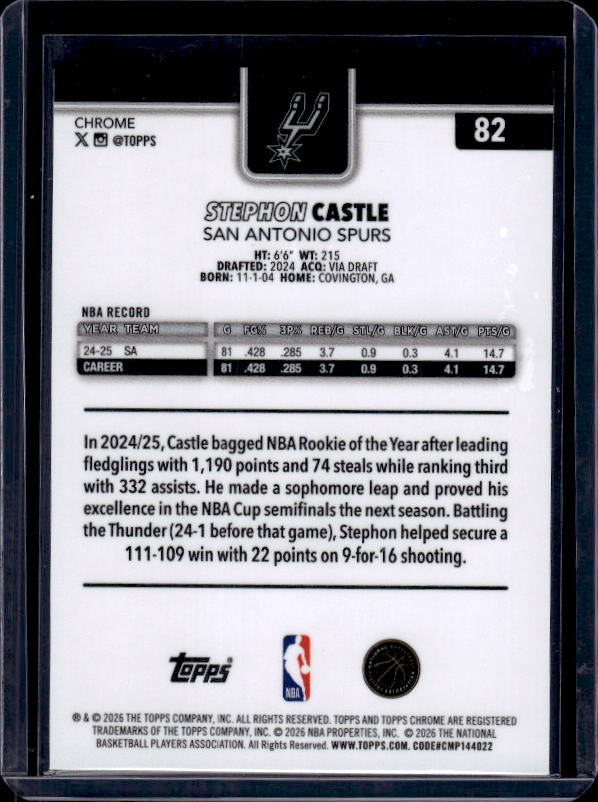 2025-26 Topps Chrome Update #82 Stephon Castle