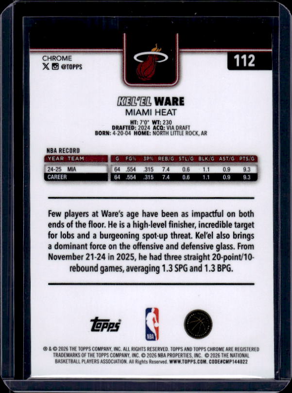 2025-26 Topps Chrome Update #112 Kel’el Ware RayWave