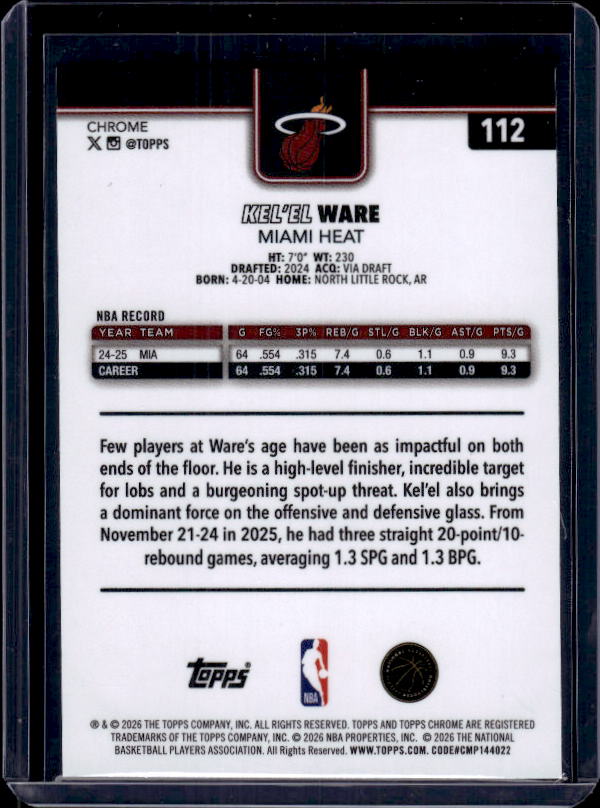 2025-26 Topps Chrome Update #112 Kel’el Ware Red, White, & Blue