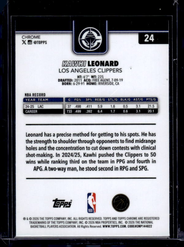 2025-26 Topps Chrome Update #24 Kawhi Leonard Red, White,& Blue