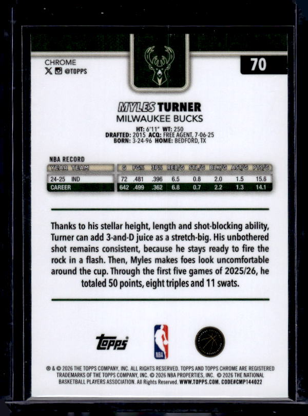 2025-26 Topps Chrome Update #70 Myles Turner Red, White, & Blue