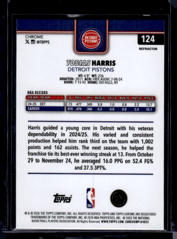 2025-26 Topps Chrome Update #124 Tobias Harris Refractor