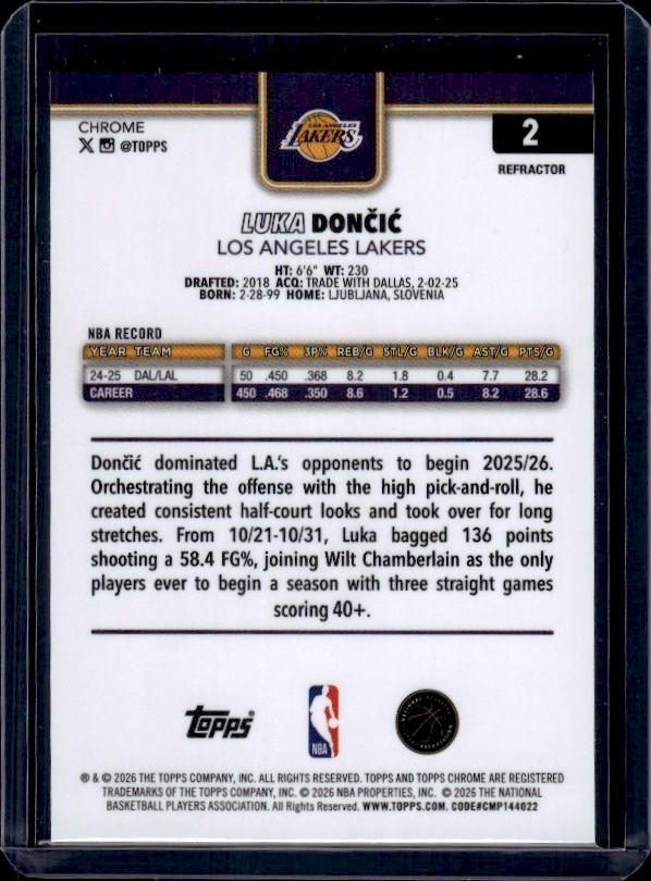 2025-26 Topps Chrome Update #2 Luka Dončić Refractor