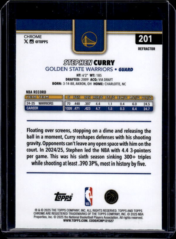 2025-26 Topps Chrome #201 Stephen Curry Refractor