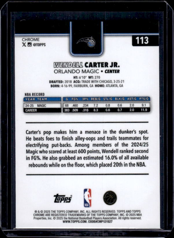 2025-26 Topps Chrome #113 Wendell Carter Jr. Prism Refractor