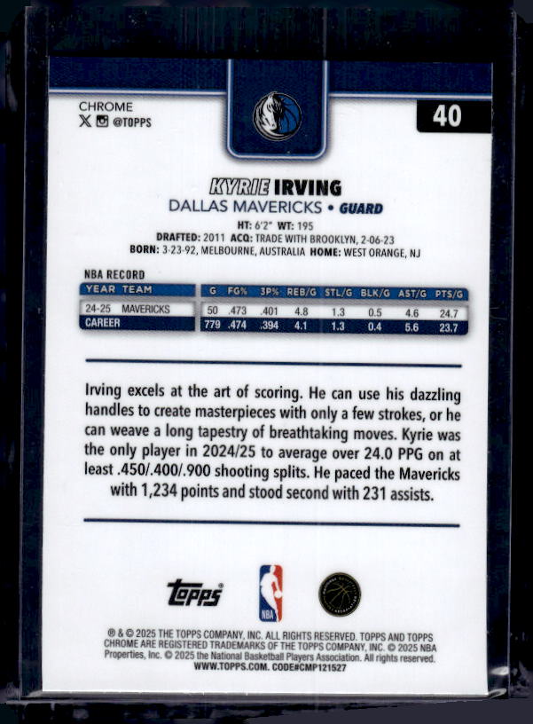 2025-26 Topps Chrome #40 Kyrie Irving RayWave Refractor