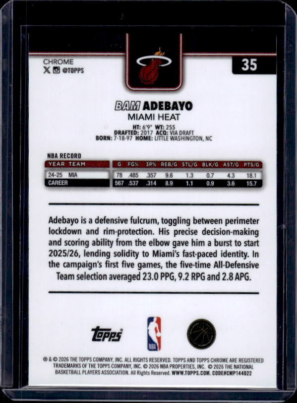 2025-26 Topps Chrome Update #35 Bam Adebayo Refractor