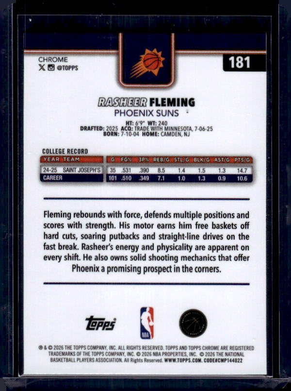 2025-26 Topps Chrome Update #181 Rasheer Fleming X-Fractor