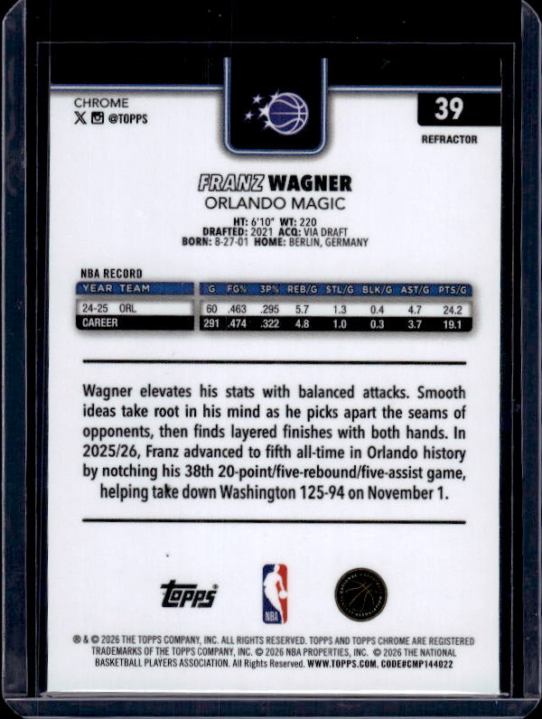 2025-26 Topps Chrome Update #39 Franz Wagner Refractor