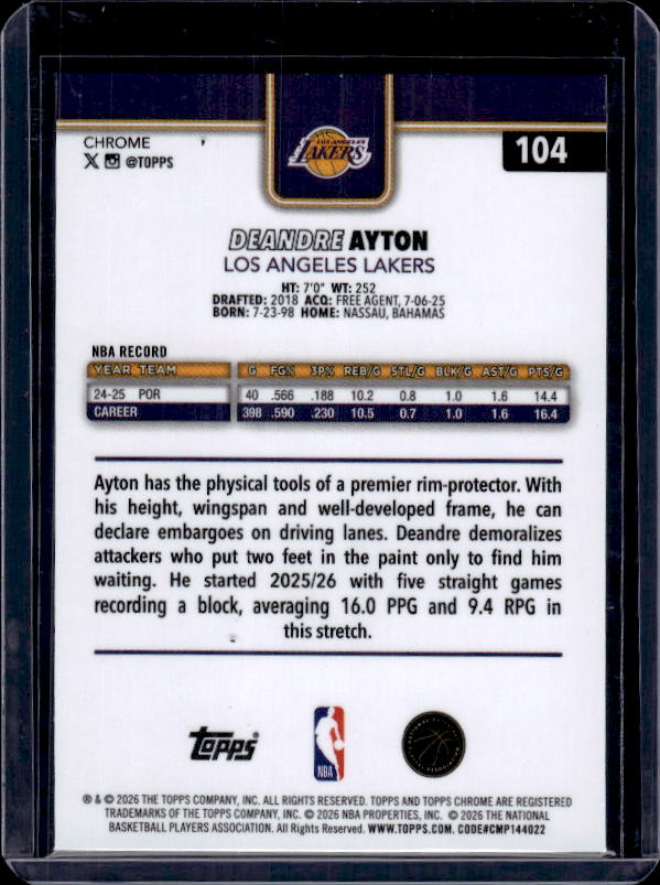 2025-26 Topps Chrome Update #104 Deandre Ayton Red, White, & Blue