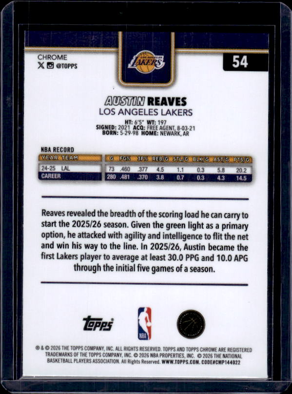 2025-26 Topps Chrome Update #54 Austin Reaves Red, White, & Blue