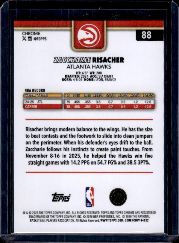 2025-26 Topps Chrome Update #88 Zaccharie Risacher X-Fractor