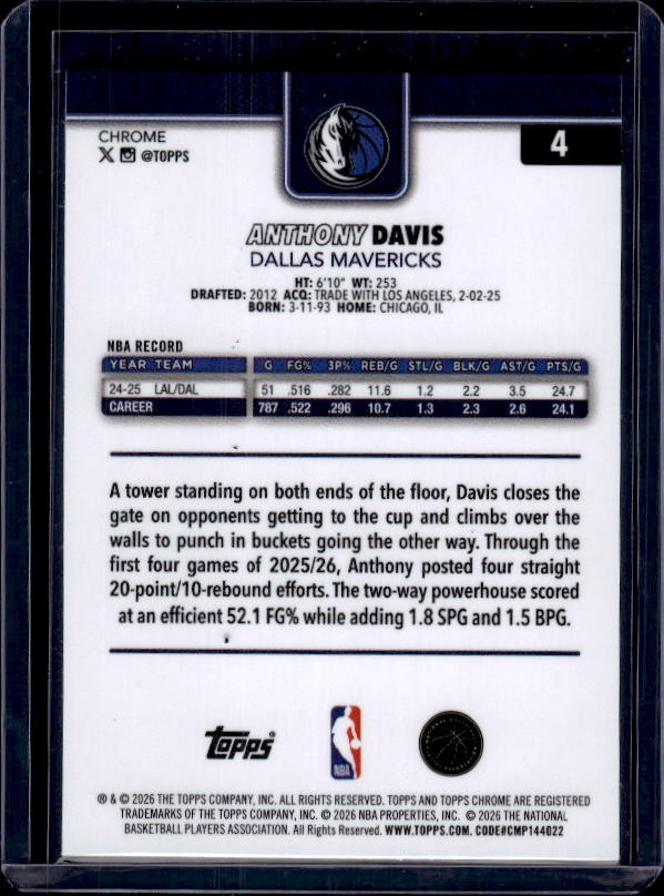 2025-26 Topps Chrome Update #4 Anthony Davis RayWave