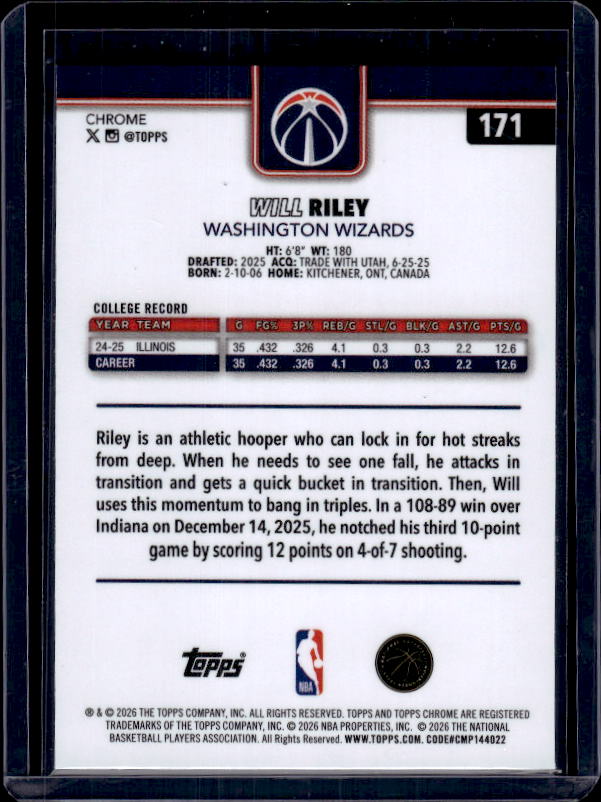 2025-26 Topps Chrome Update #171 Will Riley RayWave