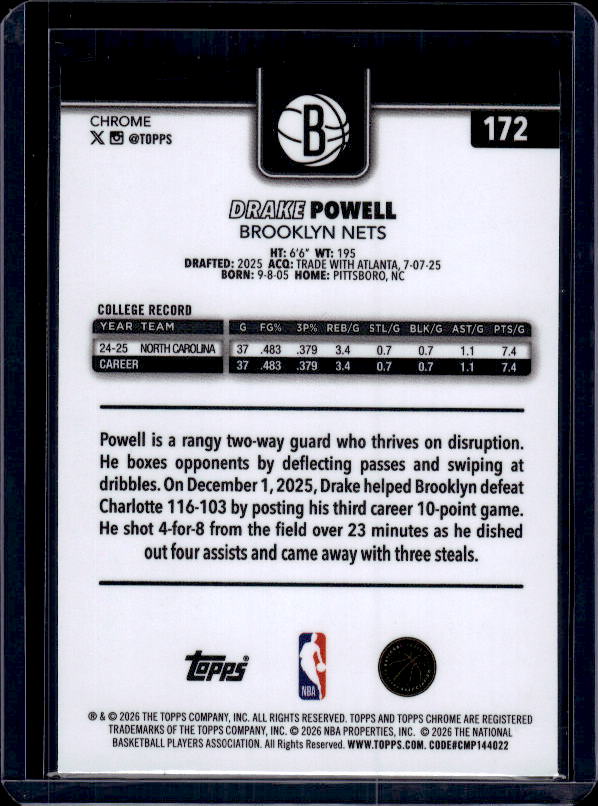 2025-26 Topps Chrome Update #172 Drake Powell X-Fractor