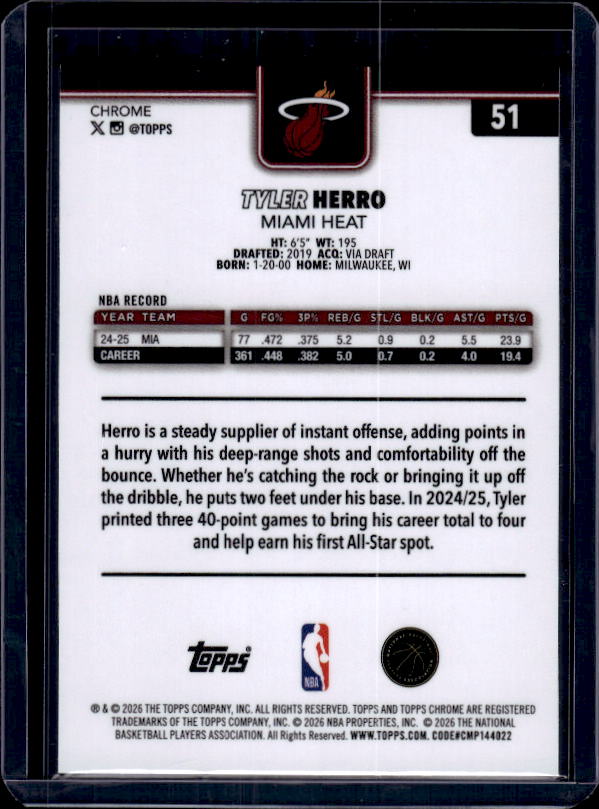 2025-26 Topps Chrome Update #51 Tyler Herro X-Fractor