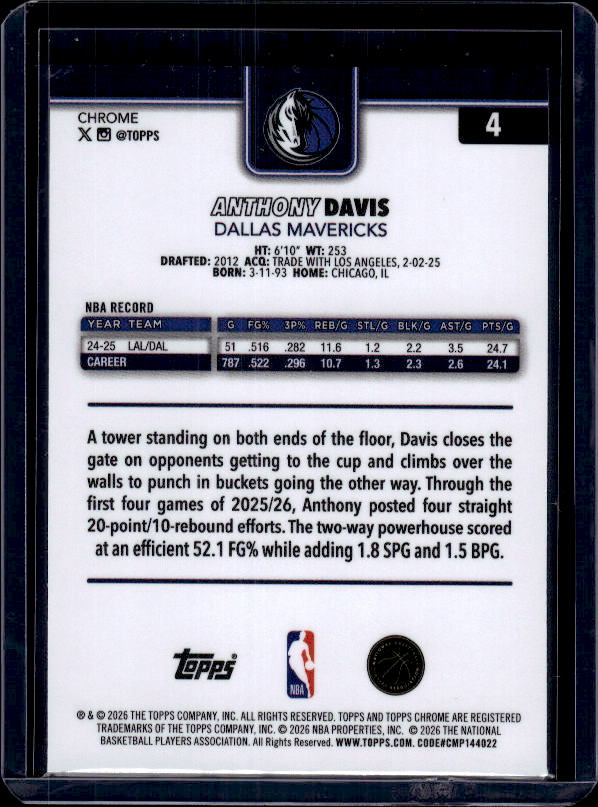 2025-26 Topps Chrome Update #4 Anthony Davis X-Fractor