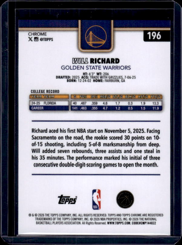 2025-26 Topps Chrome Update #196 Will Richard X-Fractor