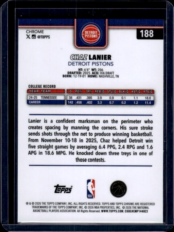 2025-26 Topps Chrome Update #188 Chaz Lanier X-Fractor