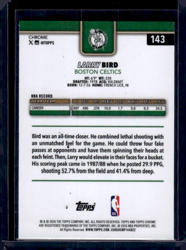 2025-26 Topps Chrome Update #143 Larry Bird RayWave